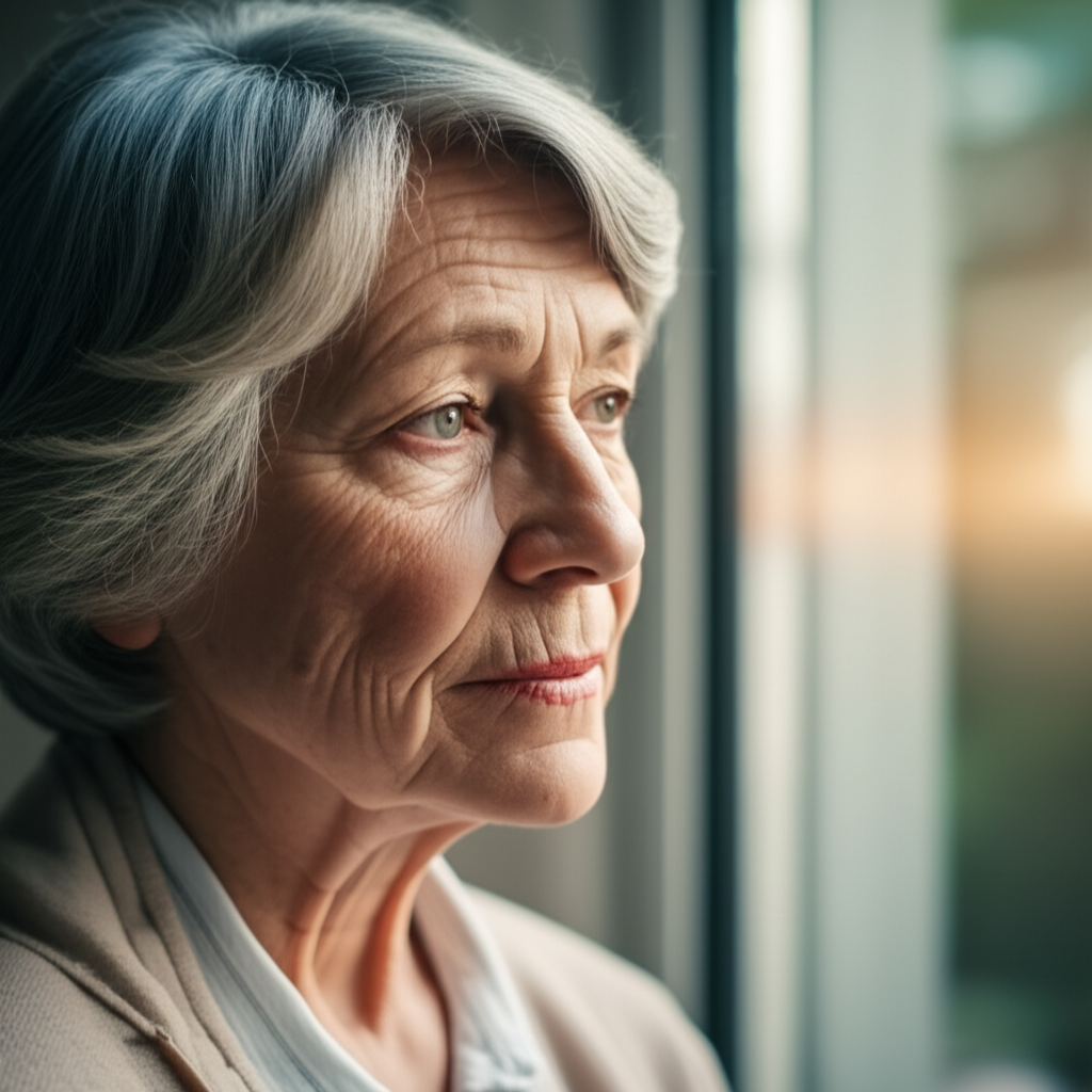 Senior woman looking out window